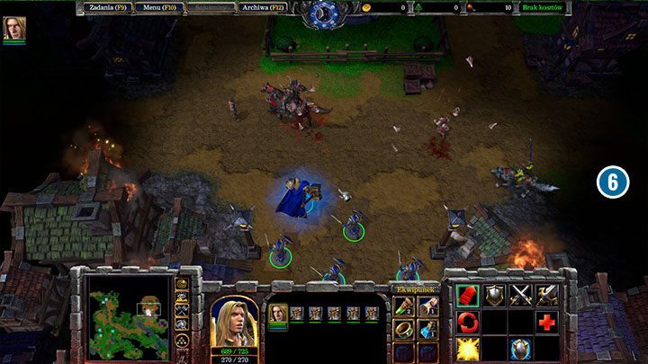 Strahnbrad wurde von den Orks ausgeraubt und überfallen.  Folgt dem Anführer der Orks.  Töte ihn, um die Mission abzuschließen.  - Die Verteidigung von Strahnbrad |  Komplettlösung für Warcraft III Reforged – Human Campaign – Warcraft III Reforged Guide