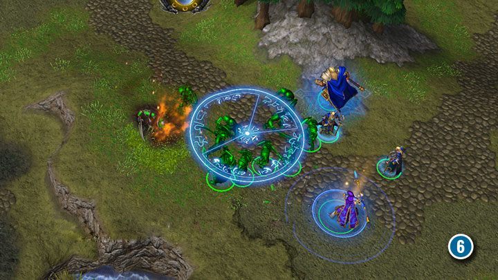 Benutze den Zauber „Magie bannen“, um Gruppen von Skeletten zu eliminieren.  Sie können auch den Blizzard-Zauber verwenden.  Jaina kann einen Regen aus Eissplittern beschwören, der Feinden und Verbündeten für kurze Zeit Flächenschaden zufügt.  - Verheerende Auswirkungen der Pest |  Komplettlösung für Warcraft III Reforged – Human Campaign – Warcraft III Reforged Guide