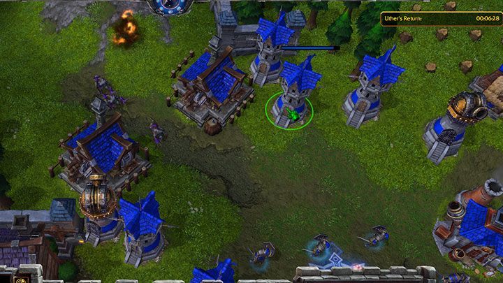 Der Bau eines schmalen Eingangs zu Ihrer Basis erleichtert die Verteidigung erheblich.  Auf diese Weise müssen Sie nicht gegen eine ganze Reihe von Gegnern kämpfen.  Platzieren Sie die Wachtürme direkt hinter der Verteidigungslinie, damit sie Feinde aus einer sicheren Position angreifen können.  - Marsch der Geißel |  Komplettlösung für Warcraft III Reforged – Human Campaign – Warcraft III Reforged Guide