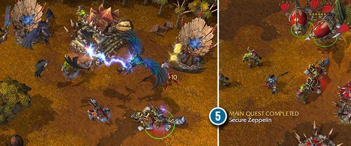 Das Goblin-Labor ist streng bewacht.  Verwenden Sie Fernkampfeinheiten oder Reiternetze, um Harpyien zu besiegen.  Blitze werden sehr nützlich sein – lassen Sie Thrall sie so oft wie möglich verwenden.  Dann kaufen Sie die Transporter und bringen Sie sie zur Basis.  - Schrei des Kriegshymnenklans |  Komplettlösung für Warcraft III Reforged – Ork-Kampagne – Warcraft III Reforged-Leitfaden