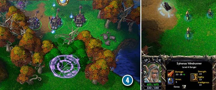 Benutze die Fleischwagen, um die Wälder zu zerstören, um zur feindlichen Basis vorzudringen.  Von Zeit zu Zeit können Sylvanas und ihre Wachen gegen Ihre Armee oder die nächstgelegene Nekropole aufbrechen.  - Ins ewige Reich |  Komplettlösung für Warcraft III Reforged – Kampagne der Untoten – Leitfaden für Warcraft III Reforged