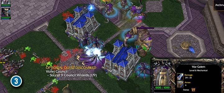 Innerhalb von Dalaran gibt es mehrere Stützpunkte, in denen feindliche Einheiten ausgebildet werden.  - Die Belagerung von Dalaran |  Komplettlösung für Warcraft III Reforged – Kampagne der Untoten – Leitfaden für Warcraft III Reforged
