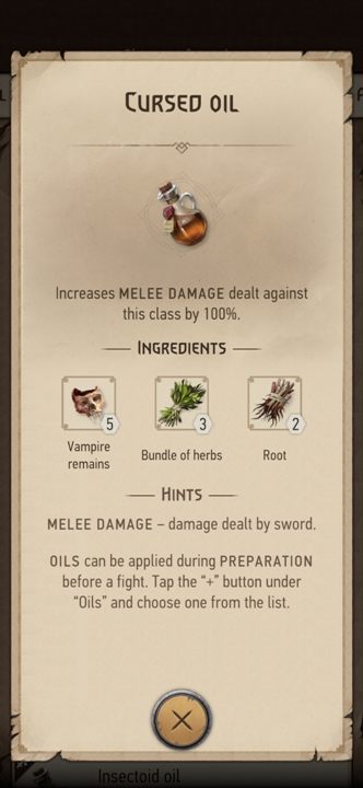 From these ingredients you can prepare: Cursed Oil - The Witcher Monster Slayer: Resources from monsters - Crafting - Witcher Monster Slayer Guide