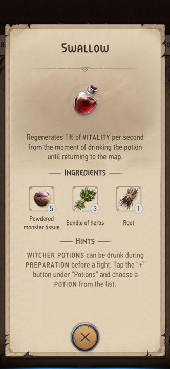 Description: regenerates 1% of vitality per second - The Witcher Monster Slayer: Combat - useful potions - Fight - Witcher Monster Slayer Guide