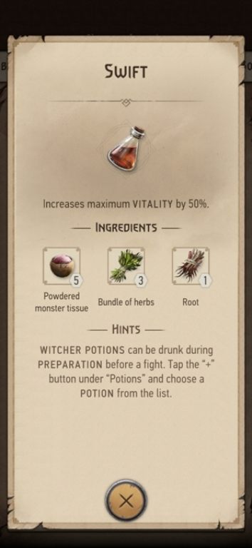 Description: increases maximum vitality by 50% - The Witcher Monster Slayer: Combat - useful potions - Fight - Witcher Monster Slayer Guide
