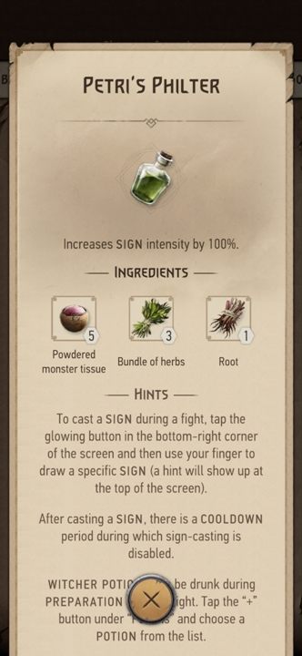 Description: increases sign power by 100% - The Witcher Monster Slayer: Combat - useful potions - Fight - Witcher Monster Slayer Guide