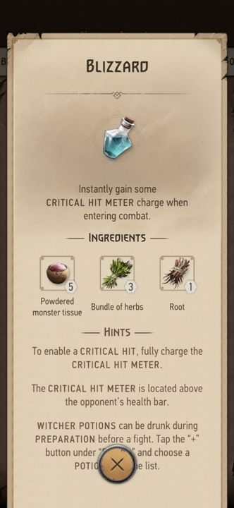 Description: the fight starts with a partially filled critical hit meter - The Witcher Monster Slayer: Combat - useful potions - Fight - Witcher Monster Slayer Guide