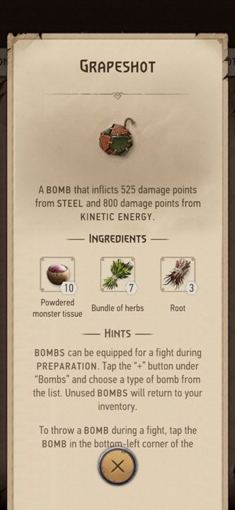 Effect: deals 525 points of steel damage and 800 points of kinetic damage - The Witcher Monster Slayer: Bombs - Recipes - Witcher Monster Slayer Guide
