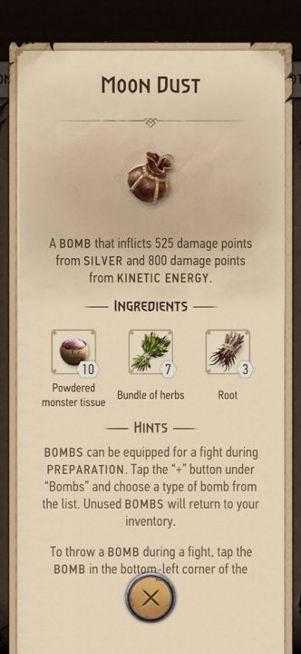 Effect: deals 525 points of silver damage and 800 points of kinetic damage - The Witcher Monster Slayer: Bombs - Recipes - Witcher Monster Slayer Guide