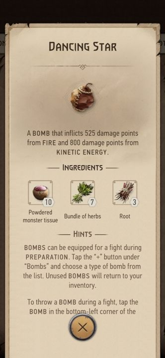 Effect: deals 525 points of fire damage and 800 points of kinetic damage - The Witcher Monster Slayer: Bombs - Recipes - Witcher Monster Slayer Guide