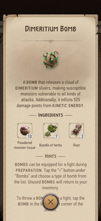 Effect: deals 525 points of kinetic damage and releases clouds of Dimeritium - The Witcher Monster Slayer: Bombs - Recipes - Witcher Monster Slayer Guide