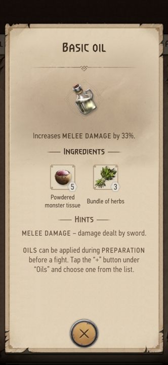 Effect: increases melee damage by 33% - The Witcher Monster Slayer: Oils - Recipes - Witcher Monster Slayer Guide