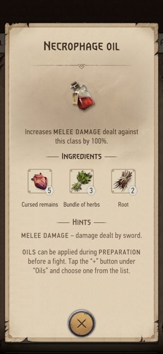 Effect: increases melee damage against necrophages by 100% - The Witcher Monster Slayer: Oils - Recipes - Witcher Monster Slayer Guide