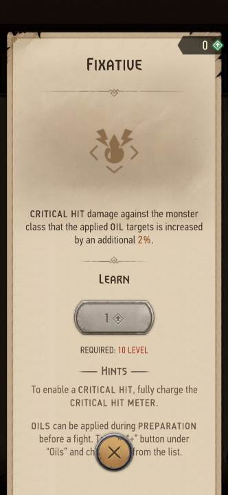 Effect: increases critical hit damage against the monster class that the applied oil targets - The Witcher Monster Slayer: Skills - alchemy - Skills - Witcher Monster Slayer Guide