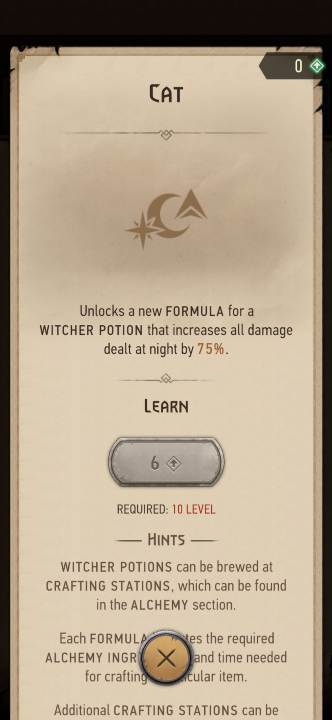 Effect: allows you to create the Cat potion - The Witcher Monster Slayer: Skills - alchemy - Skills - Witcher Monster Slayer Guide