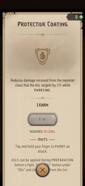 Effect: reduces the damage taken from a monster class the oil targets when parrying - The Witcher Monster Slayer: Skills - alchemy - Skills - Witcher Monster Slayer Guide