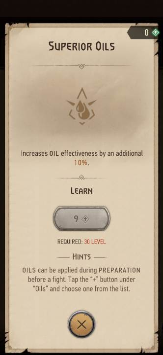 Effect: increases the effectiveness of oils - The Witcher Monster Slayer: Skills - alchemy - Skills - Witcher Monster Slayer Guide
