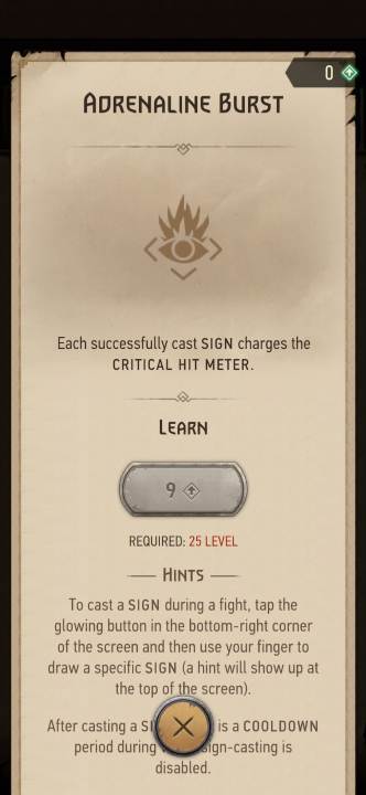 Effect: using signs charges the critical hit meter - The Witcher Monster Slayer: Skills - signs - Skills - Witcher Monster Slayer Guide