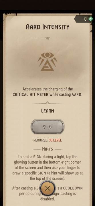 Effect: using the Aard sign increases the critical hit meter charge rate - The Witcher Monster Slayer: Skills - signs - Skills - Witcher Monster Slayer Guide