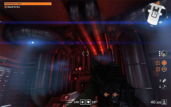 In order to bypass the second pair of laser barriers, enter the control room and locate the hole between the pipes - the attached picture shows it - Raid Mission Lab X | Wolfenstein Youngblood Walkthrough - Main story - Wolfenstein Youngblood Guide