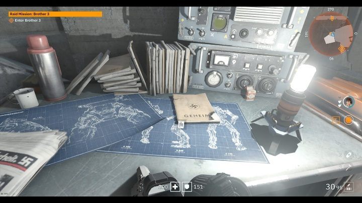 The newspaper is on the table full of papers and plans of the enemies - Secrets and collectibles in Brother 3 | Wolfenstein Youngblood - Collectibles and secrets - Wolfenstein Youngblood Guide