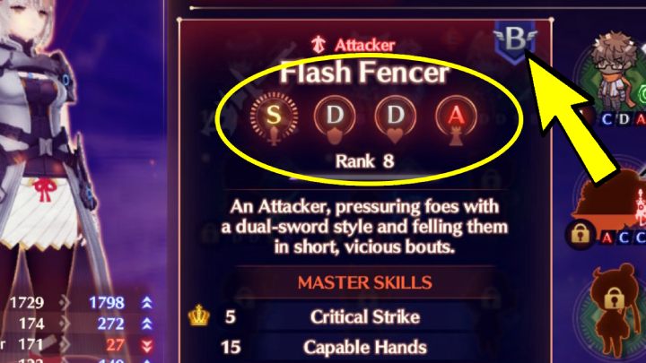 Flash Fencer has attack rank S, defense and health D, support A. This means that his strongest abilities are attack and support. The top right corner shows Mio's compliance rank for that class. - Xenoblade 3: Character classes - a list of all - Basics - Xenoblade Chronicles 3 Guide